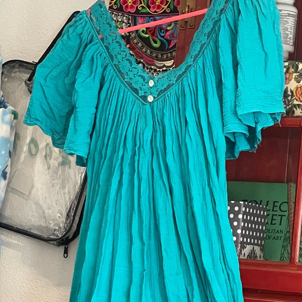 Cotton gauze maxi dress Lace top flutter slv flared HOST PICK Greek vtg HTF OSFA